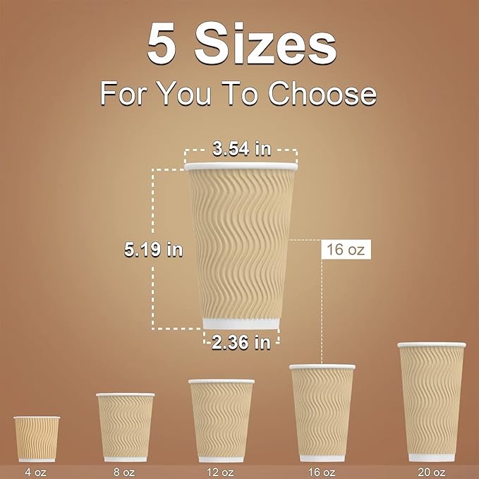 Hot Paper Cups 16 oz Disposable Insulated Corrugated Sleeve Ripple Wall Paper Cup 100 pcs,16oz Cups
