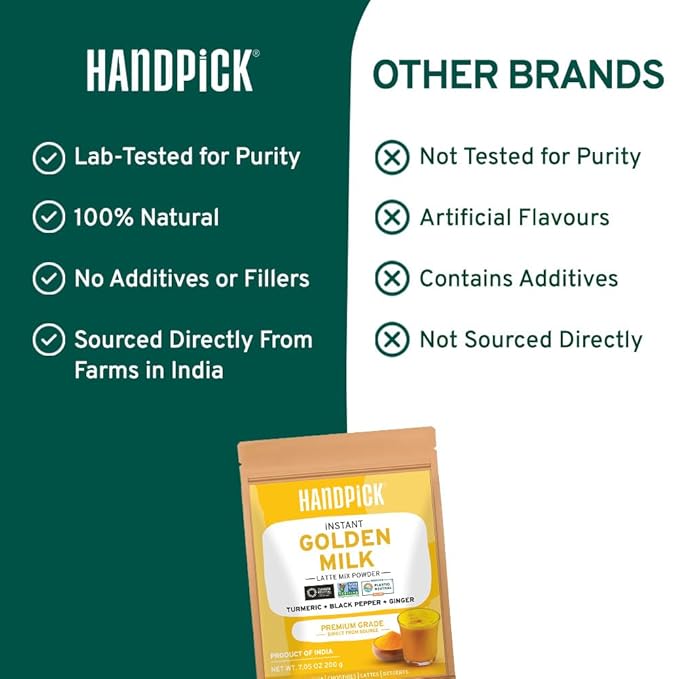 HANDPICK Golden Milk Powder with Turmeric - (7oz, 80 servings) Instant Latte Mix | Blend of Ginger