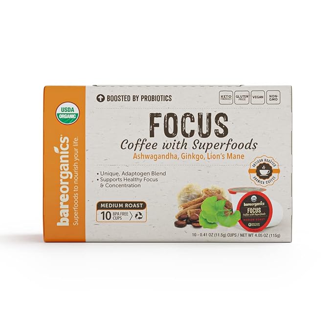 BareOrganics Focus Coffee Pods With Superfoods & Probiotics | Compatible | USDA Certified Organic