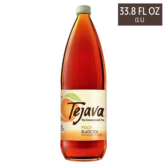 Tejava Original Unsweetened Peach Iced Tea, 12 Pack, 1 Liter Glass Bottles, Non-GMO, Kosher, No