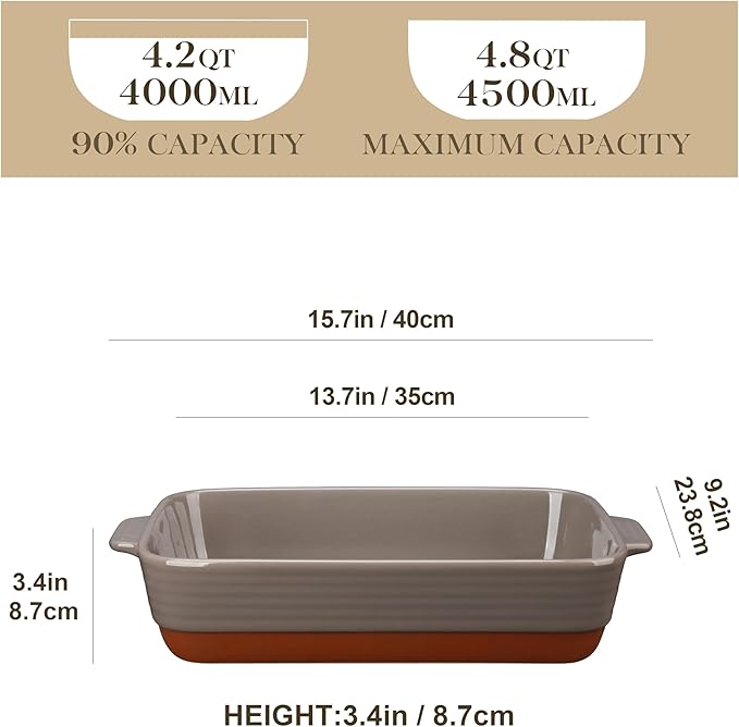 MALACASA 4.8 Qt Lasagne Dishes for Oven, 9 x 13 Inches Brown Ceramic Oven Dish with Handles, Deep