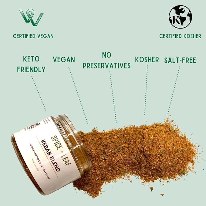 Premium Kebab Blend by Spice + Leaf, 3.5 oz - Kosher, Vegan Preservative Free Spice. Vegetarian