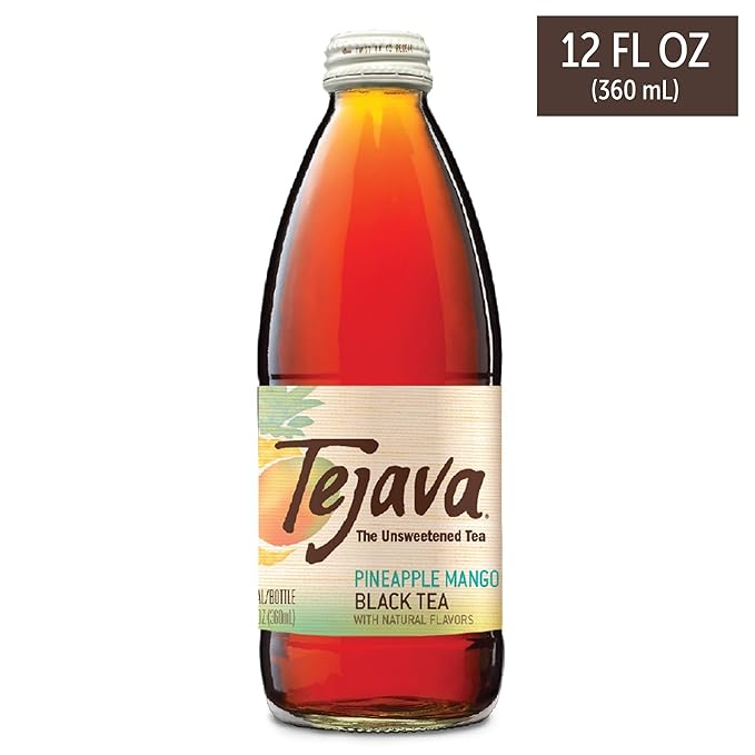 Tejava Pineapple Mango Black Iced Tea, 4 Pack, 12oz Glass Bottles, Unsweetened, Non-GMO, Kosher, No