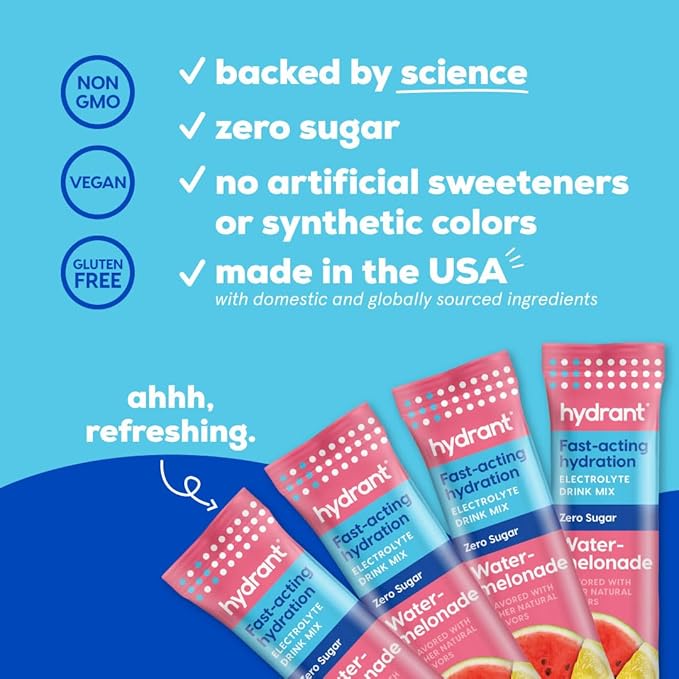 Hydrant Hydrate No Added Sugar, Individual Hydration Electrolyte Powder Stick Packets with Zero