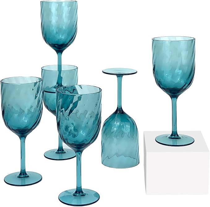 Yalin Set of 6 Unbreakable 15 oz Acrylic Plastic Wine and Water Tumbler Stackable Goblets. (Cyan