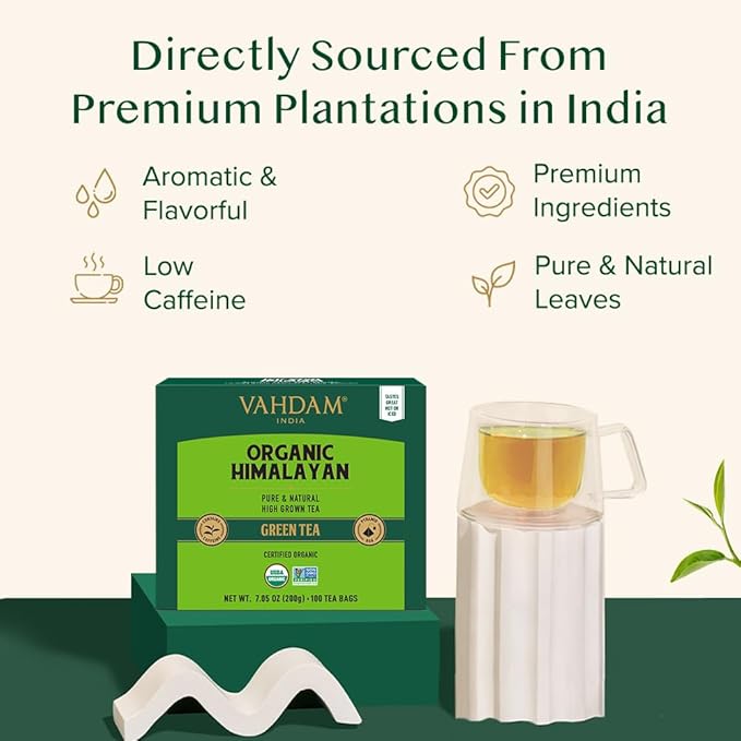 VAHDAM, Organic Himalayan Green Tea (100 Count) High Grown, Non GMO, Gluten Free, Low Caffeine |