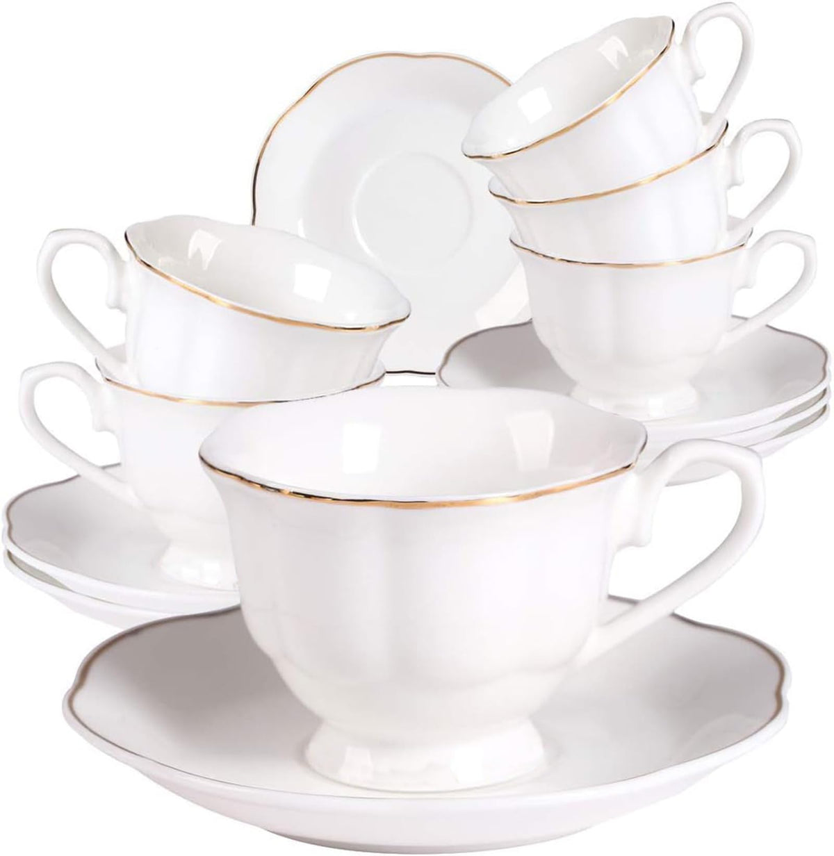 Guangyang 12 Pieces Tea Cup set Fine Porcelain 6oz Cup and Saucer set of 6 for Cappuccino Tea Flat