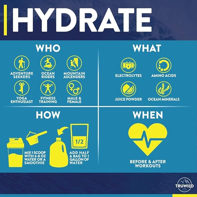 TruWild Hydrate Electrolyte + Amino Acids Drink Mix Powder, Clean Post Workout Recovery & Immune