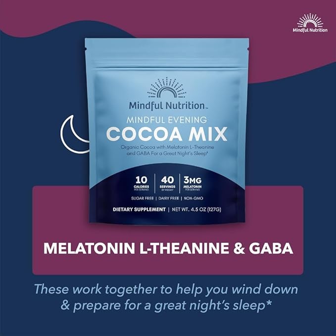 Mindful Evening Sugar Free Cocoa Mix Natural Sleep Aid, 40 Servings, Melatonin 3mg, L-Theanine