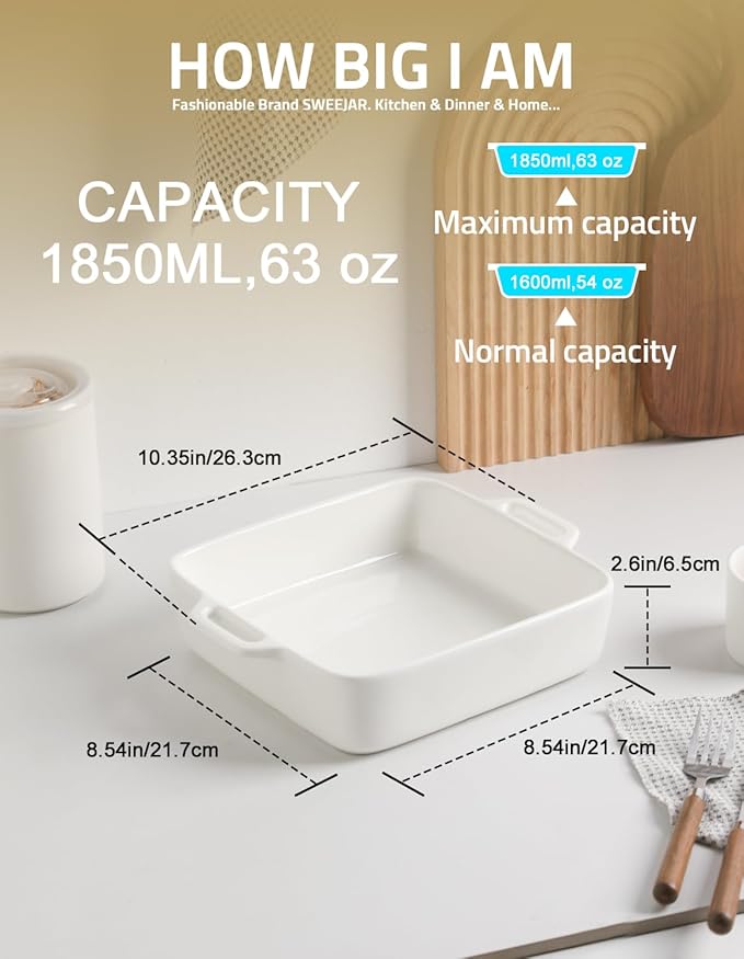 Sweejar 8x8 Baking Pan,Ceramic Casserole Dishes for Oven with Double Handlesï¼? QT Square Cake