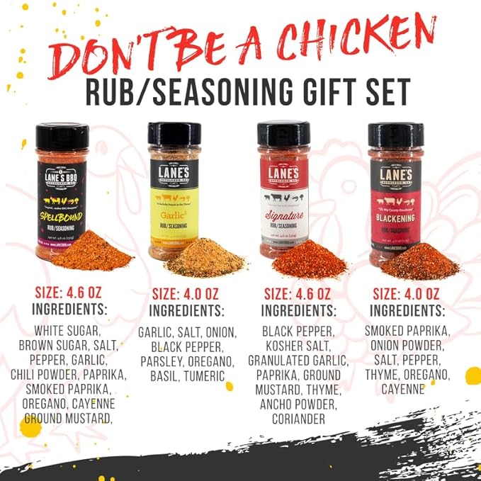 Lane's Don't Be A Chicken Gift Set, All-Natural 4 Rubs Gift Set of Blackened Seasoning, Garlic