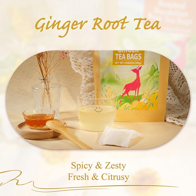 WT WEETEE Ginger Tea Bags, 100 Count Pure Ginger Root Tea, Warm & Spicy, Natural Caffeine Free