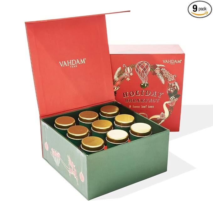 VAHDAM, Holiday Breakfast - Christmas Tea Gift Sets (90+ Cups) 9 Loose Leaf Tea - Luxury Gift Box |
