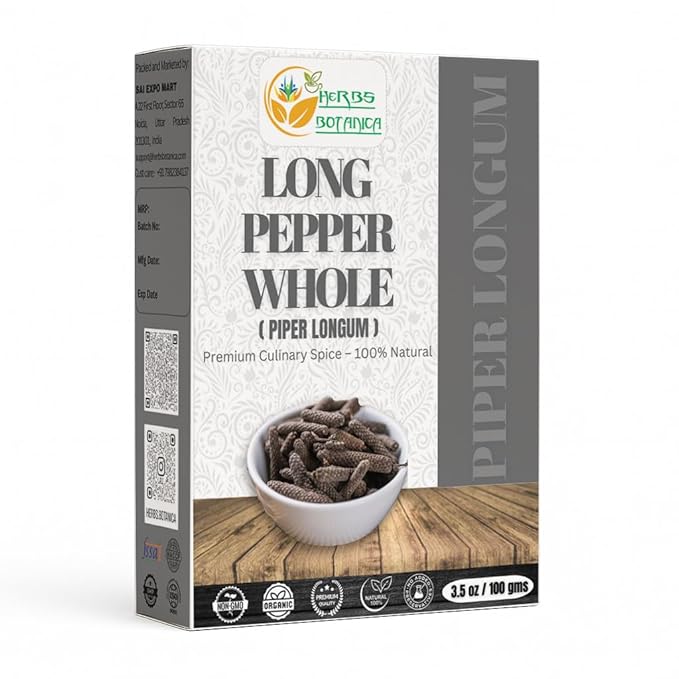 Herbs Botanica Long Pepper Whole (Piper Longum), Black Peppercorns Pippali for Cooking, Herbal
