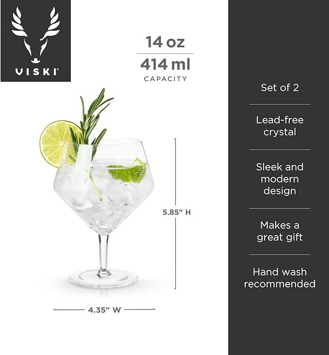 Viski Raye Angled Stemmed Gin and Tonic Glasses Set of 2 - Premium Crystal Clear Cocktail Gin