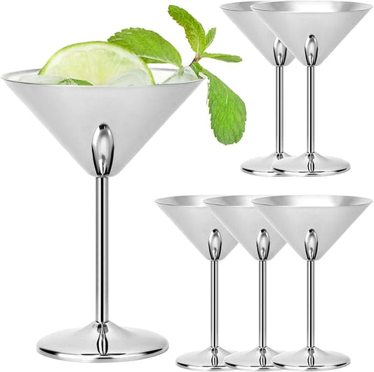 QWORK 304 Stainless Steel Martini Glasses - 8oz Unbreakable, 6 Pack Shatterproof Cocktail Goblets