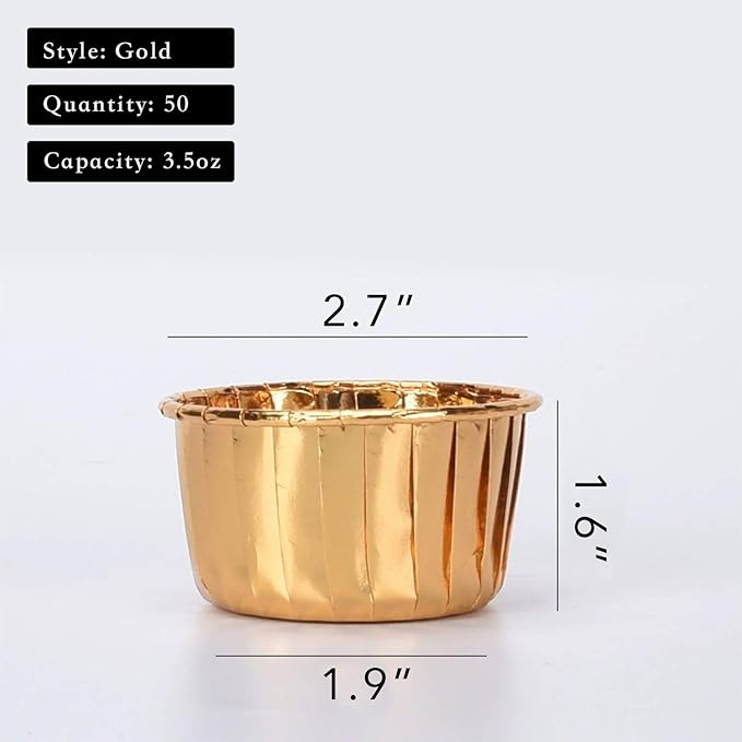 Party Hippo Gold Cupcake Baking Cups, 3.5 Oz 50 pcs Disposable Foil Muffin Liners, Aluminum Ramekin