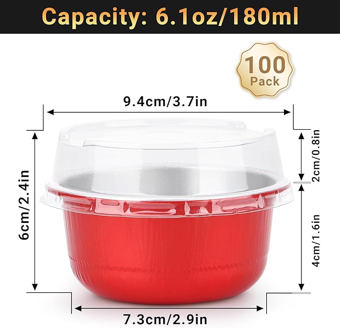 Beasea Disposable Baking Cups With Lids, 100 Pack 6.1oz 180ml Aluminum Foil Ramekins Round Baking