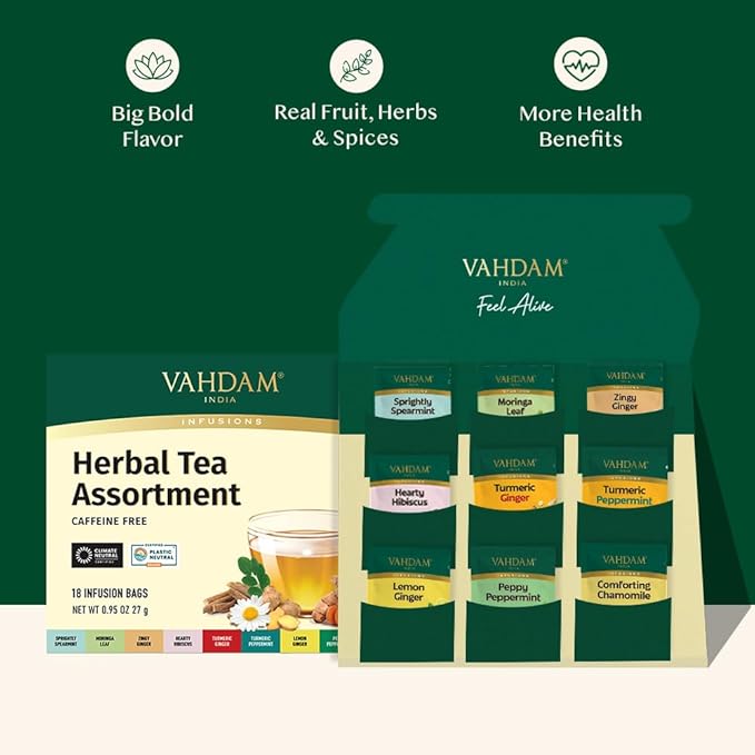 VAHDAM, Assorted Herbal Tea Sampler (18 Tea Bags, 9 Flavors) Caffeine-Free, Non-GMO | Double