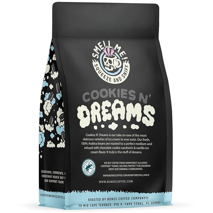 Bones Coffee Company Cookies 'N Dreams Cookies and Cream Flavored Coffee, Medium Roast Low Acid