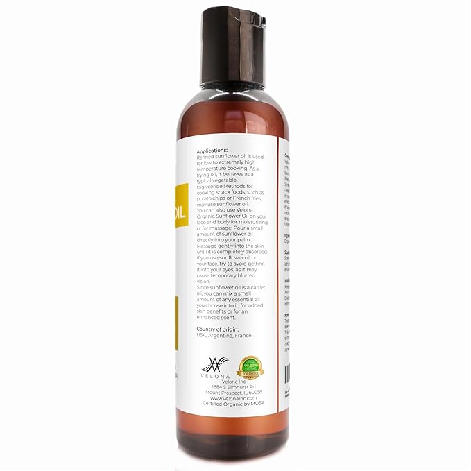 velona USDA Certified Organic Sunflower Oil - 4 Fl Oz | 100% Pure and Natural Carrier Oil | High