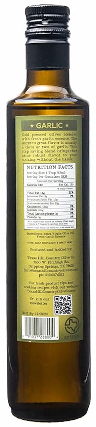 Texas Hill Country Olive Co Garlic Infused Olive Oil - Cold Pressed Gourmet EVOO Olive Oil - Great