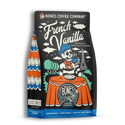 Bones Coffee Company French Vanilla, Creamy Vanilla Flavored Coffee, Medium Roast Low Acid Arabica