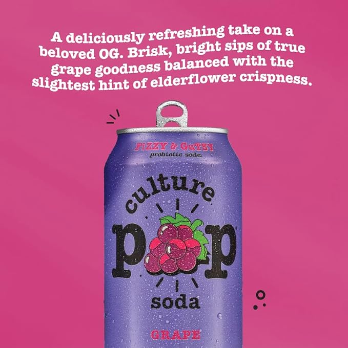 Culture Pop Soda, Grape, Probiotic Low Sugar Soda, Sparkling Juice Alternative, Non-GMO, Kosher