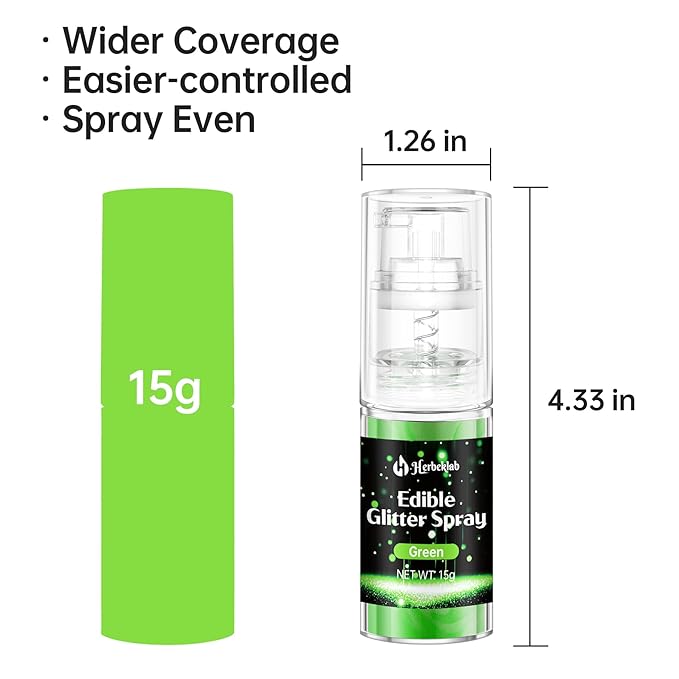Green Edible Glitter Spray - Herbeklab 15g Edible Glitter for Cakes, Food Grade Metallic Shimmer