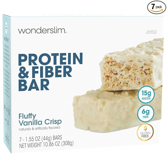 Wonderslim High Fiber Protein Bars, Fluffy Vanilla Crisp | 15g Protein, 6g Fiber | Low Sugar, Low