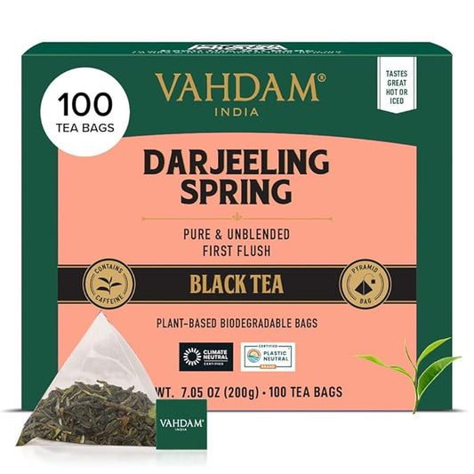 VAHDAM, Exotic Darjeeling First Flush Tea Leaves (100 Black Tea Bags) High Caffeine, Non GMO