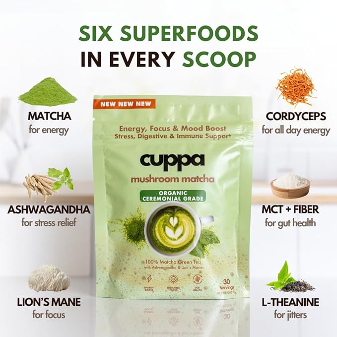 Cuppa Healthy Mushroom Matcha with Lion's Mane & Ashwagandha for All Day Energy & Focus - No Crash