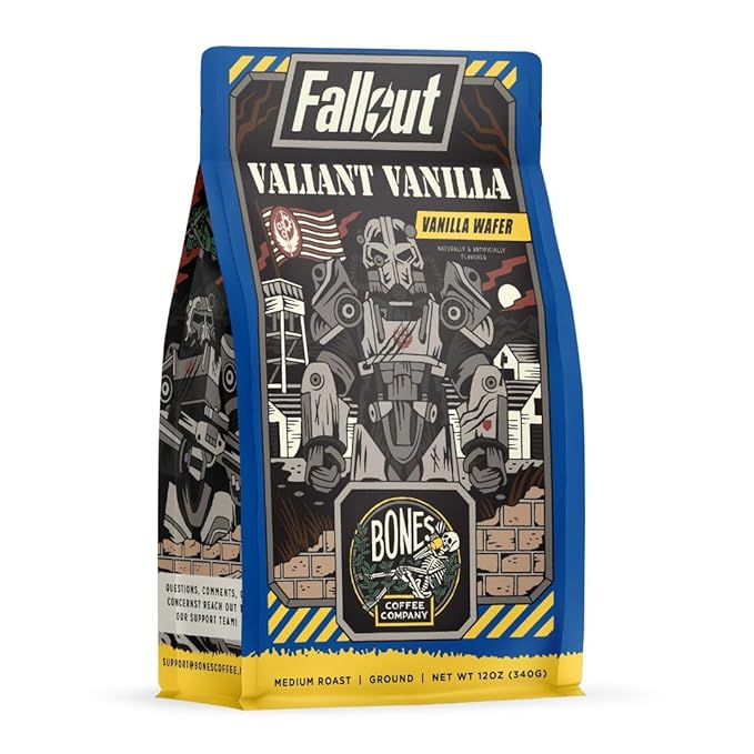 Bones Coffee Company Fallout Valiant Vanilla, Vanilla Wafer Flavored Coffee, Medium Roast Low Acid