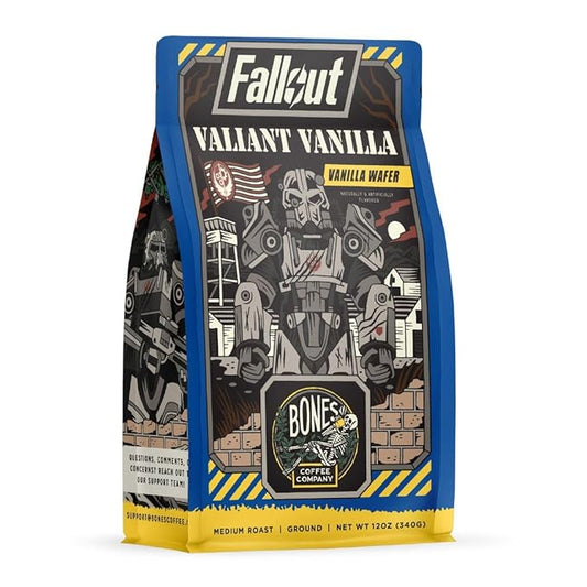 Bones Coffee Company Fallout Valiant Vanilla, Vanilla Wafer Flavored Coffee, Medium Roast Low Acid