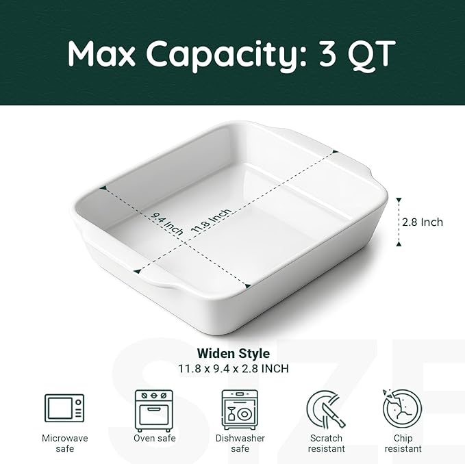 3 QT Wide Ceramic Baking Dish, White Casserole Dish with, Lasagna Pan for Oven, Ceramic Baking Pan