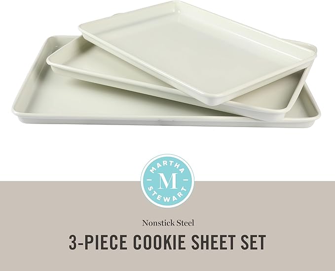Martha Stewart Gallen 3-Piece Cookie Sheet Set ??13", 15", 17" Baking Pans, Ceramic Nonstick
