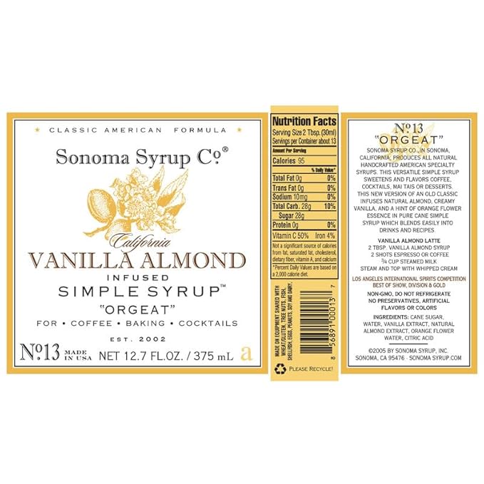 Sonoma Syrup Co. Vanilla Almond Infused Simple Syrup 12.7 fl oz | for Cocktails, Tea, and Baking |
