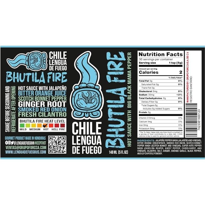 BHUTILA FIRE Super Hots Hot Sauce - Sour Orange, Smoked Scotch Bonnet, Chipotle, Jalapeno - 4.5/6