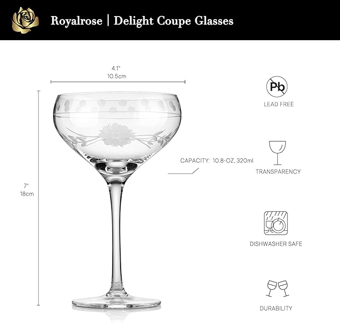 Premium Delight Coupe Glasses Set of 4, 10.8 oz – Hand-Blown with Etched Long Stem, Classic
