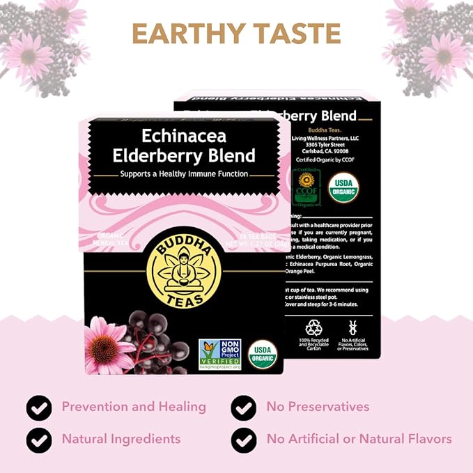 Buddha Teas - Organic Echinacea Elderberry Blend - Herbal Tea - For Health & Wellbeing - With