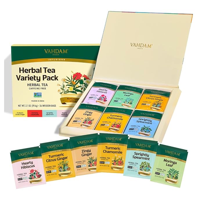 VAHDAM, Herbal Tea Sampler (36 Tea Bags, 6 Flavors) Caffeine-Free, Non-GMO | Assorted Tea Sampler