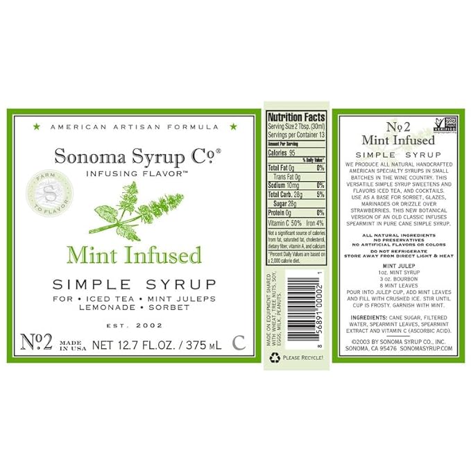 Sonoma Syrup Co. Mint Infused Simple Syrup 12.7 fl oz | for Coffee, Cocktails, and Cooking | Hand