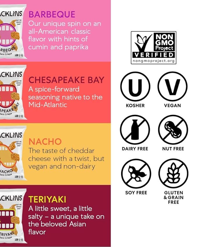 SNACKLINS Plant Based Crisps 4 Flavor Variety - Nacho, BBQ, Teriyaki, Chesapeake Bay - Gluten Free