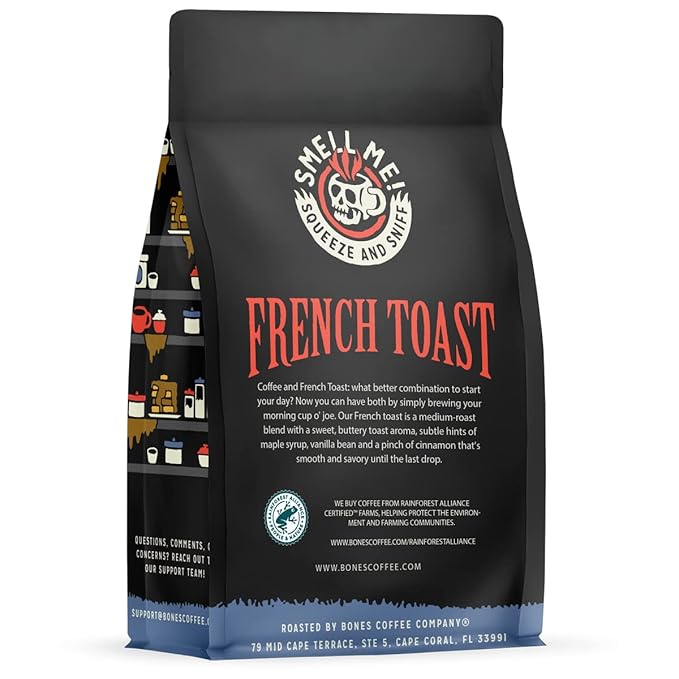 Bones Coffee Company French Toast, Sweet and Buttery Flavored Coffee, Medium Roast Low Acid Arabica