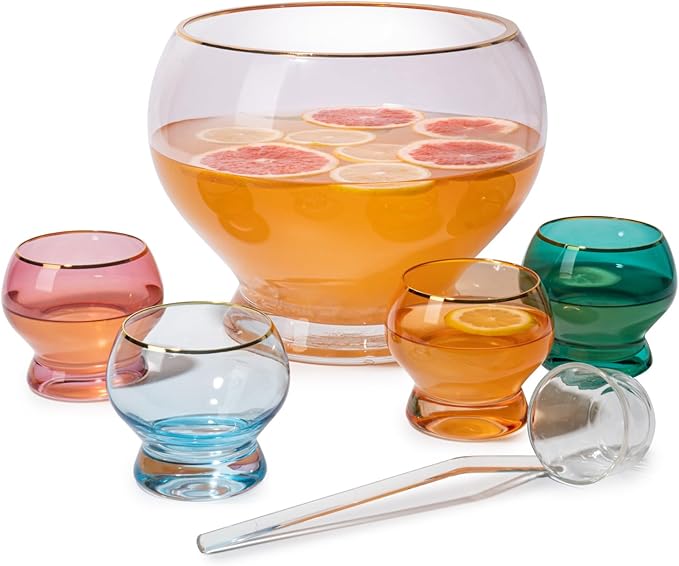 Colorful 1.7 Gallon Punch Bowl with 4 10oz Glasses Set with Ladle Gift For Mothers Day, Her, Wife