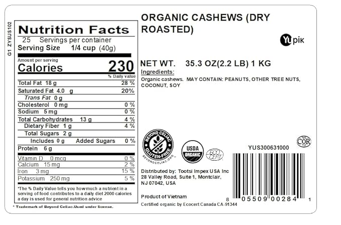 Yupik Organic Dry Roasted Cashews, 2.2 lb (35.2 oz), Kosher, Gluten-Free, Non-GMO, Vegan, Crunchy