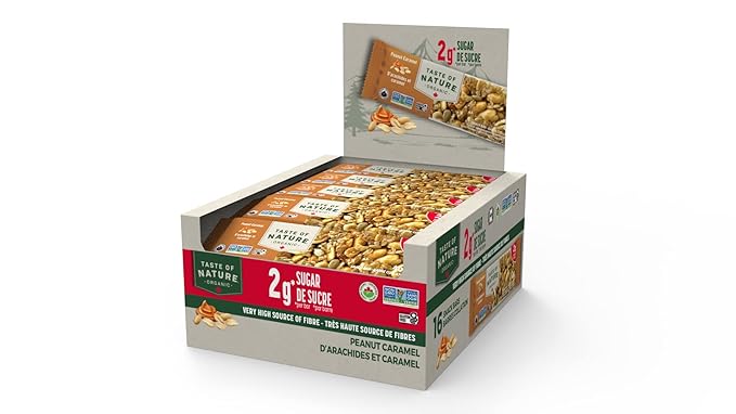 Taste of Nature - Organic 2g Sugar Peanut Caramel - Low Sugar Snack and Breakfast Bar, High Fiber