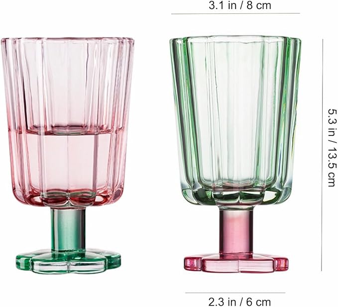 Tall Ripple Drinking Glasses Set of 2 (Pink & Green), Flower Petal Style Glass Goblet, Suitable for