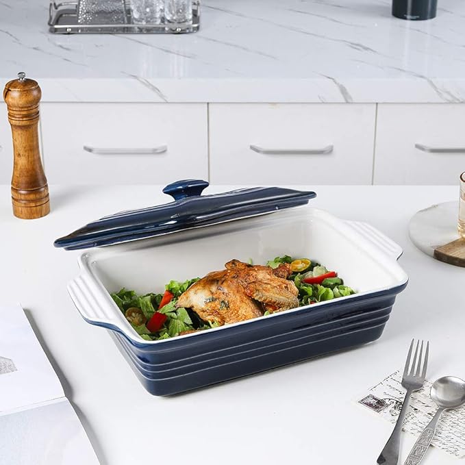KOOV Ceramic Casserole Dish With Lid, Covered Rectangular Set, Lasagna Pan for Cooking, Baking Dish