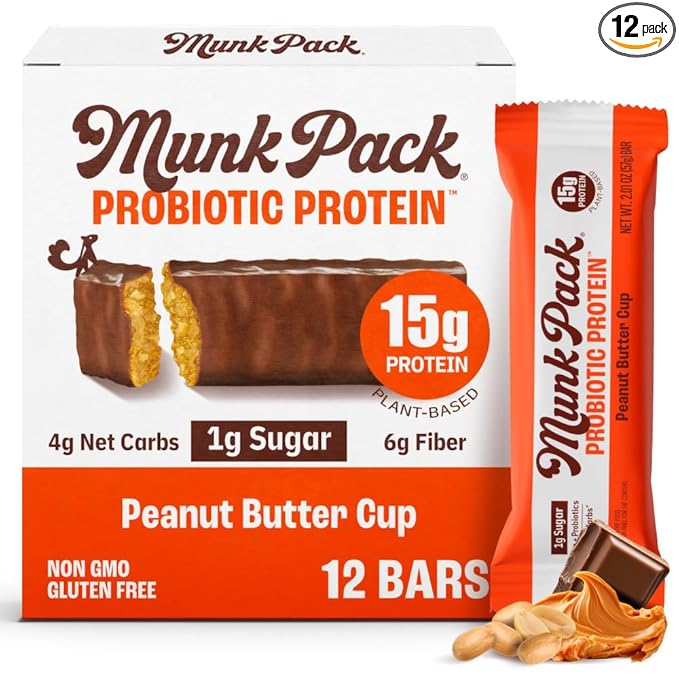 Munk Pack 15g Probiotic Keto Protein Bars - Low Sugar, High Protein -1g Sugar, 4g Net Carbs. Vegan